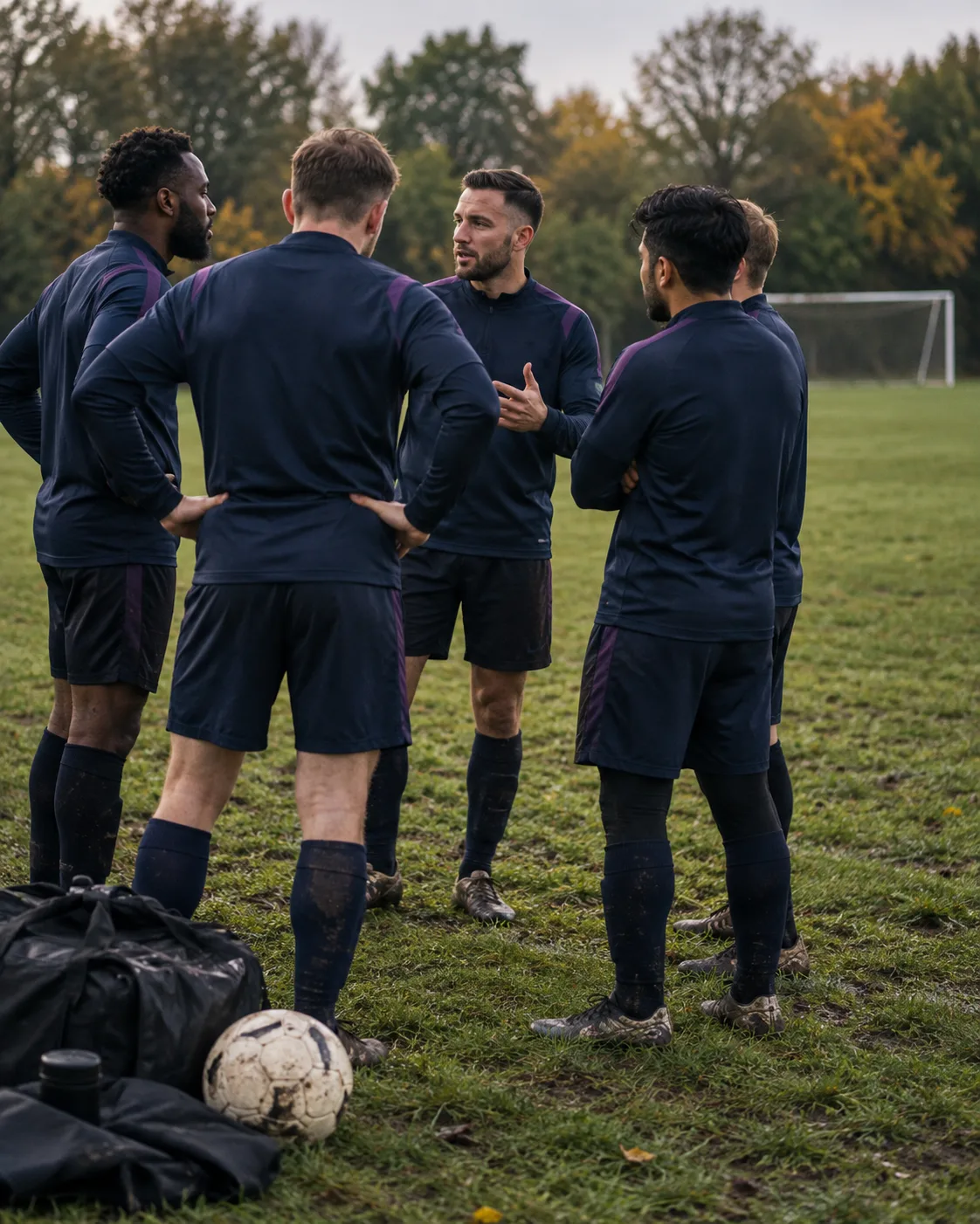 A grassroots football team gathered together on a community pitch